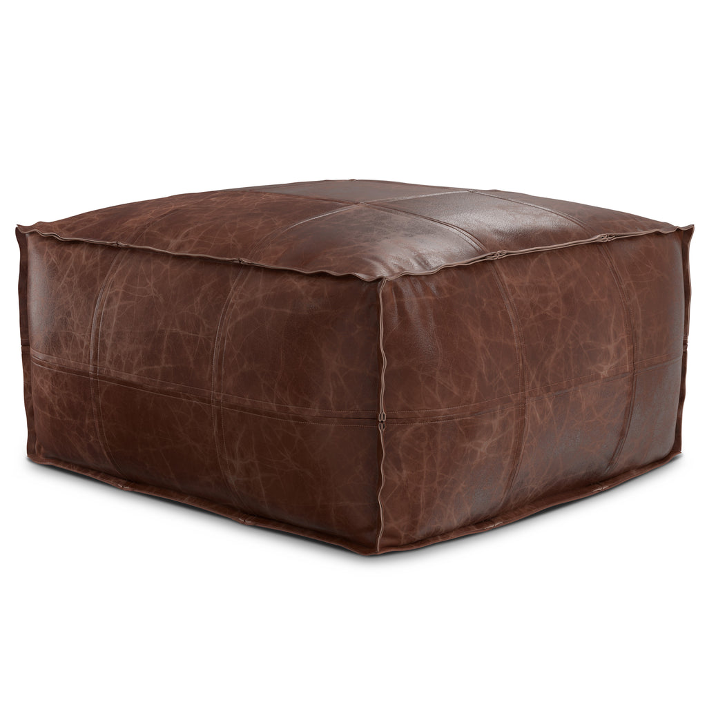 Sheffield Coffee Table Pouf in Distressed Brown Genuine Leather, 26' x 26' x 14'