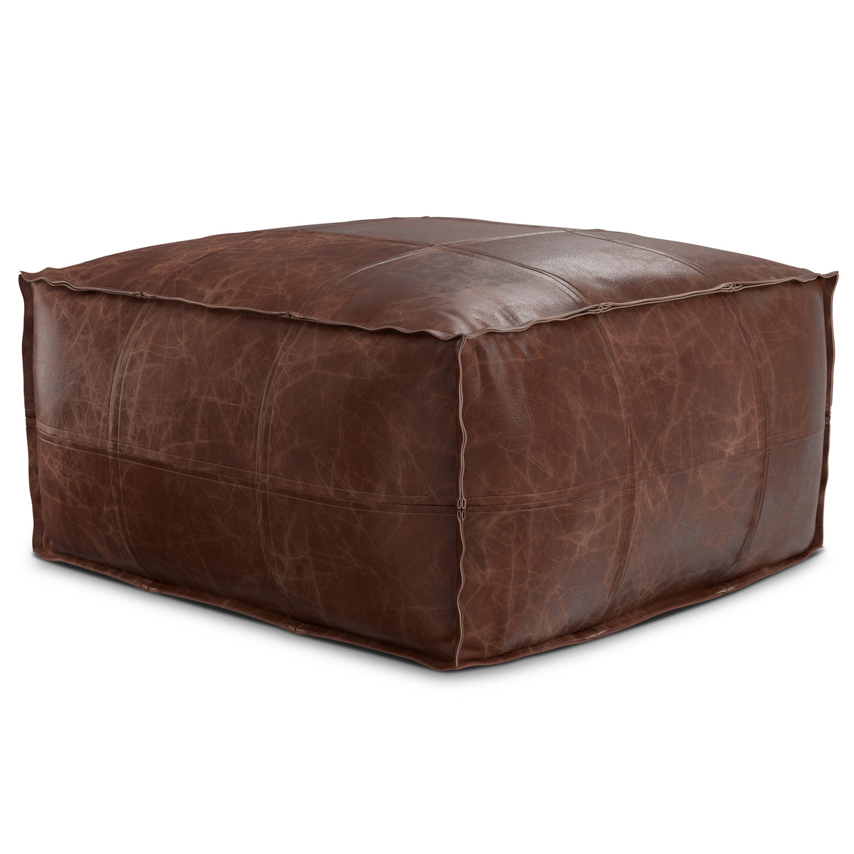 Sheffield Coffee Table Pouf in Distressed Brown Genuine Leather, 26' x 26' x 14'