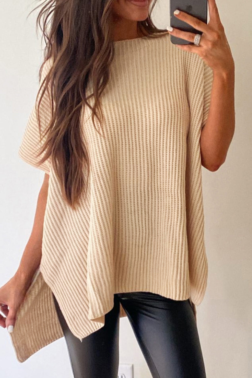 Wholesale Apricot Side Slit Short Sleeve Oversized Sweater - Eloy Royal