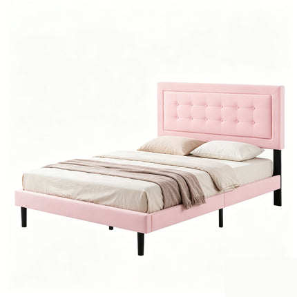 Queen Size Upholstered Platform Bed Frame, Easy Assembly Bedroom Bed Frame, Pink (Velvet)