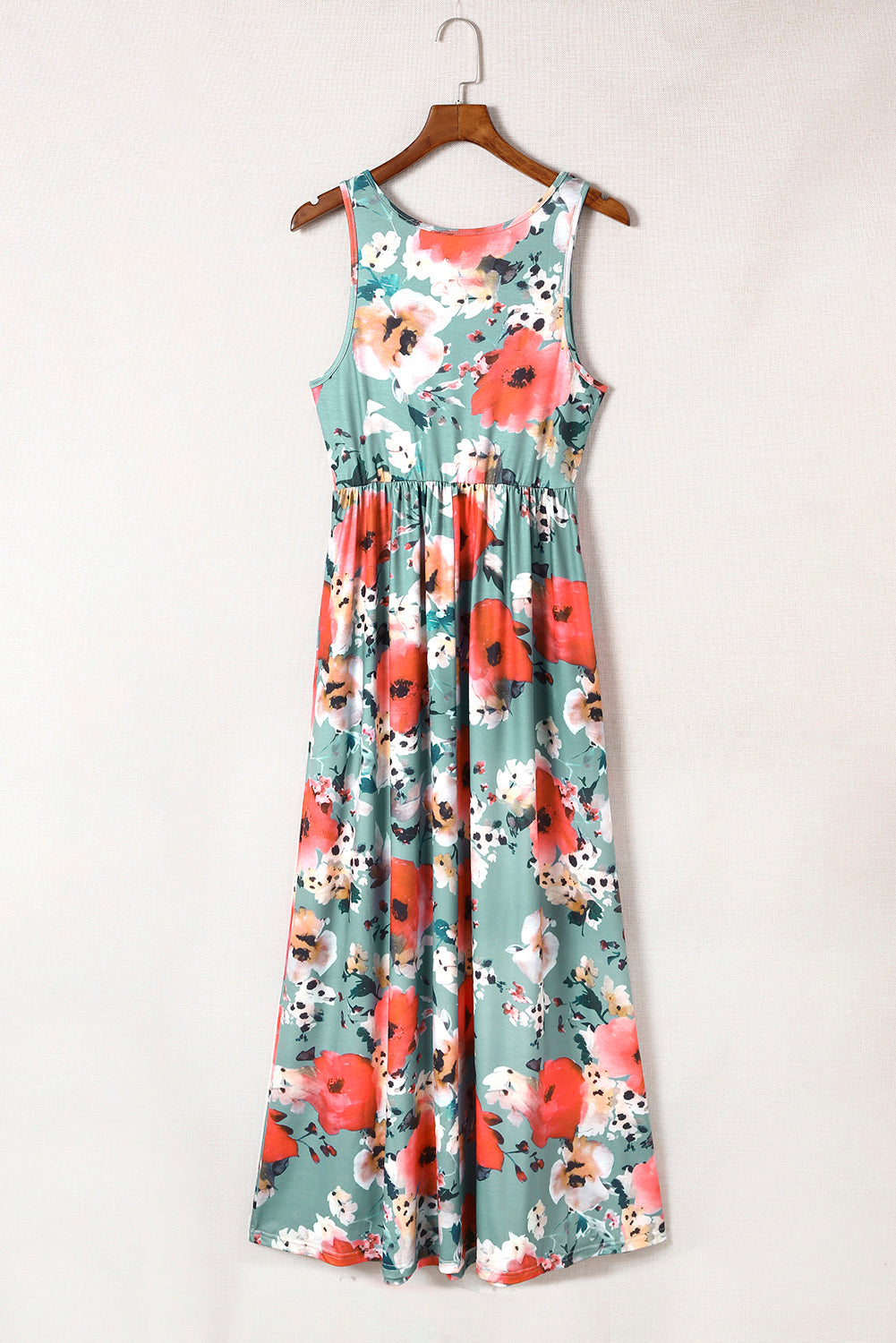 Green Floral Print Sleeveless Maxi Summer Tank Dress - Eloy Royal