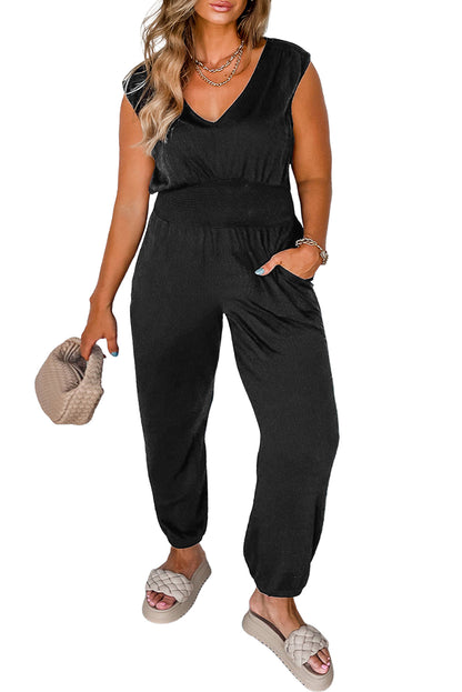 Black Plus Size Smocked High Waist Sleeveless V Neck Jumpsuit - Eloy Royal