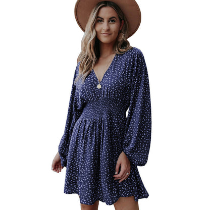 Polka Print Long Sleeve Dress V Neck Lantern Sleeve Pleated Waist Slim A-line Dress Women's Clothing