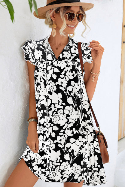 Black Tie V-Neck Ruffle Sleeve Floral Short Dress - Eloy Royal