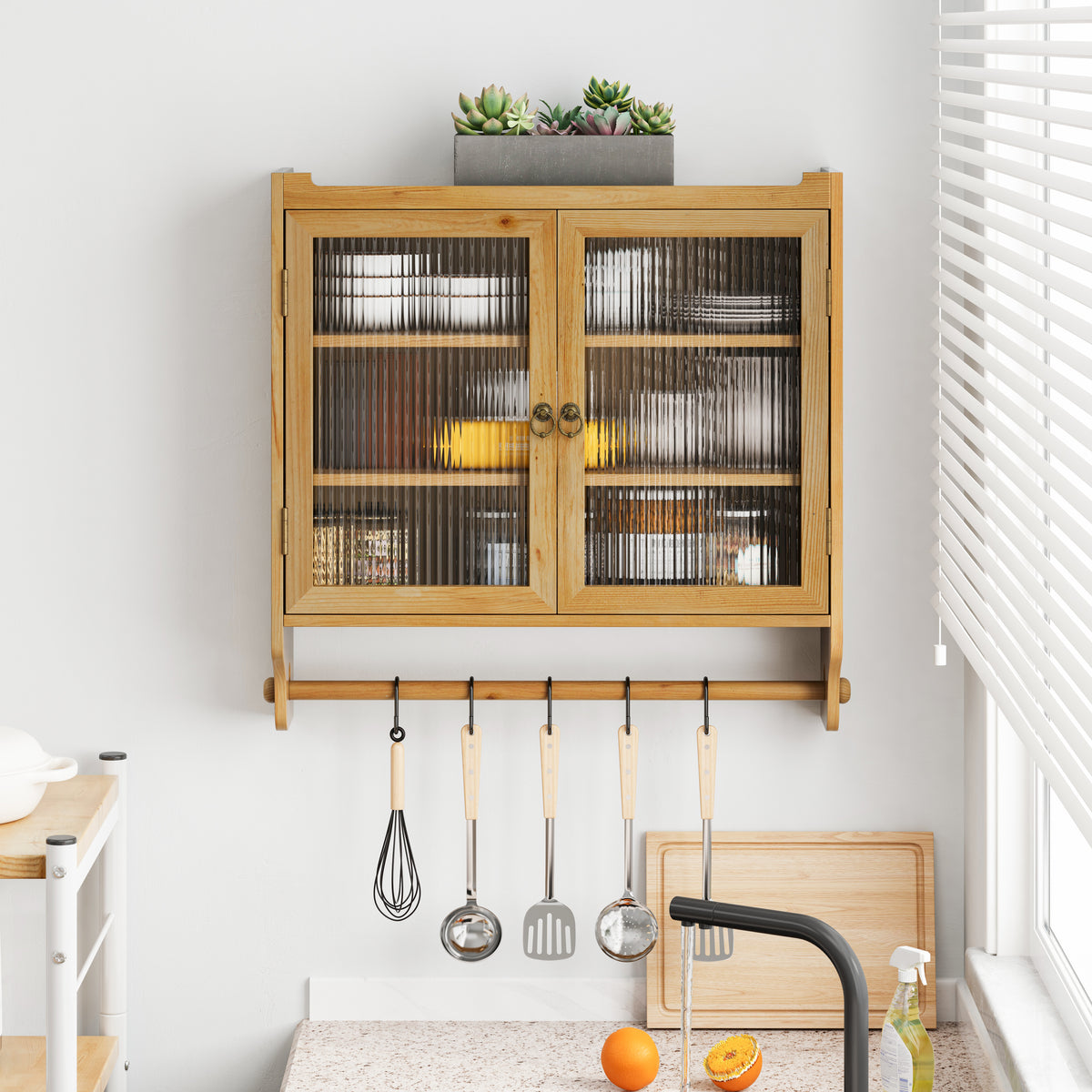 Galatea Glass-Door Wall Cabinet with Towel Rail, Natural, 25 in