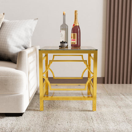 19.7' Modern Gold Square Side Table with Tempered Glass Top & Storage Shelf, Luxury Glam End Table with Metal Frame for Living Room, Bedroom, Sofa Side, Small Space Accent Table