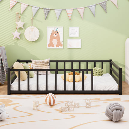 Toddler Floor Bed with Rails and Door, Twin Size Montessori Bed for 2-5 Year Olds, Low Profile Metal Platform for Safe Independent Sleep – Heavy Duty Guardrails, No Box Spring Needed, Black