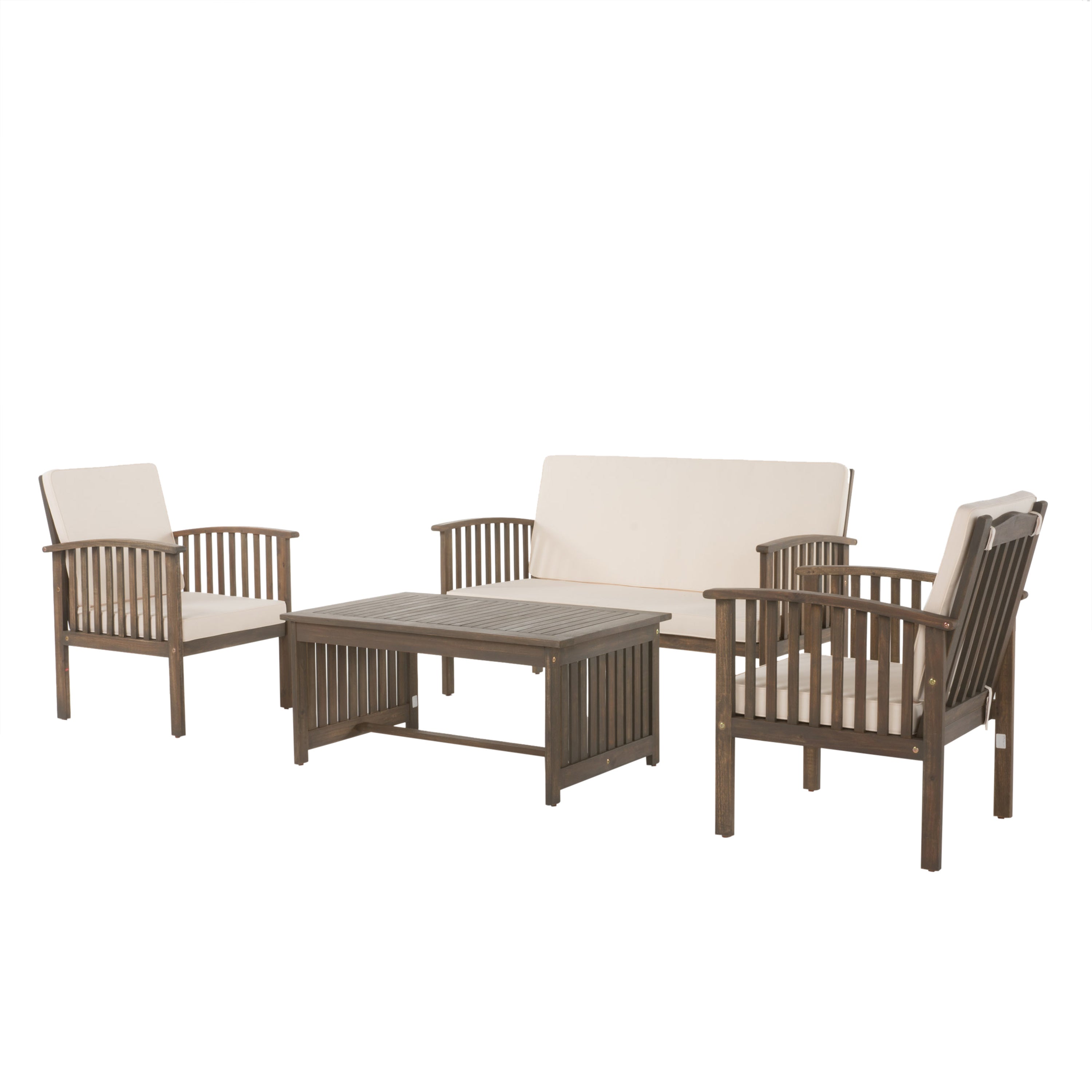 4-Piece Outdoor Chat Set with Water Resistant Cushion and Wood Frame, Cream and Grey