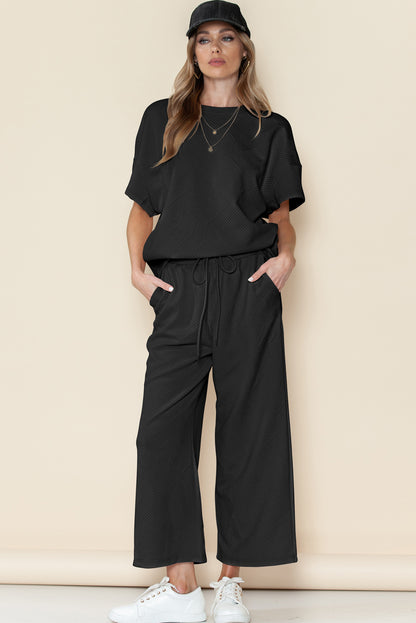 Black Textured Loose Fit T Shirt and Drawstring Pants Set - Eloy Royal