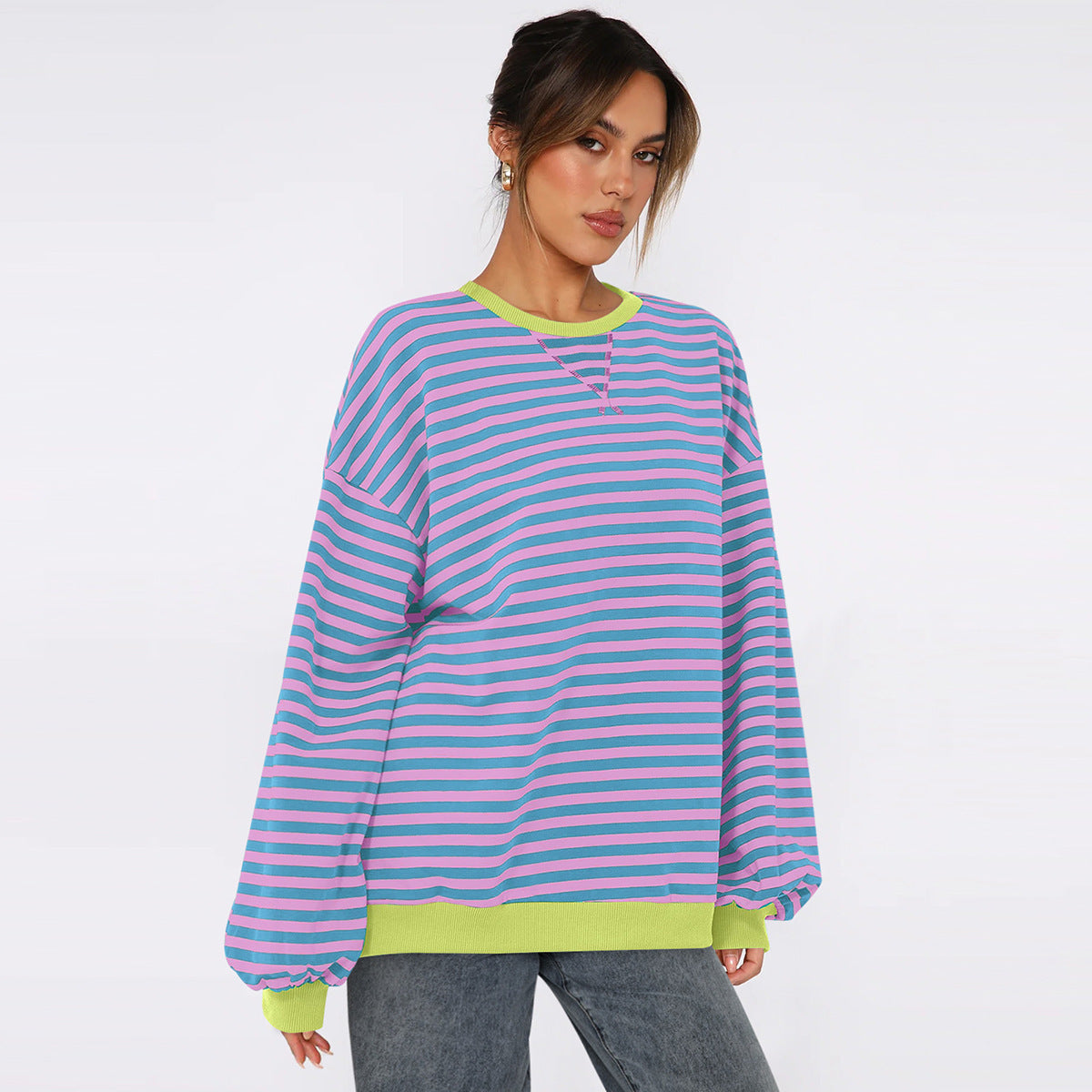 Women's Fashion Round Neck Striped Sweater Loose Bishop Sleeves Top