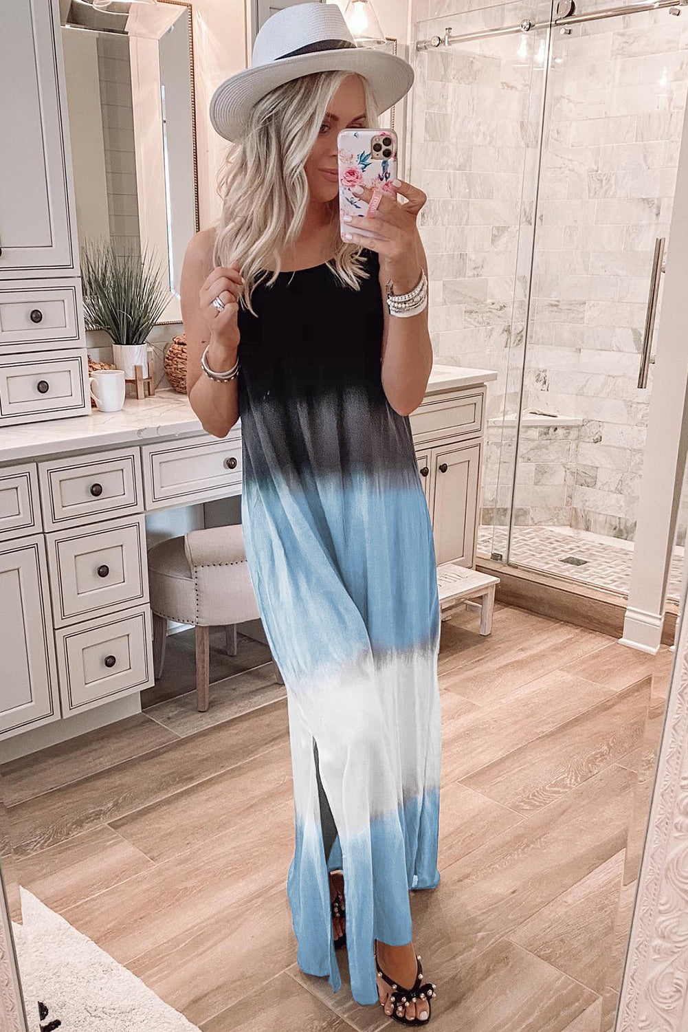 Wholesale Sky Blue Tie Dye Spaghetti Strap Slit Maxi Dress - Eloy Royal