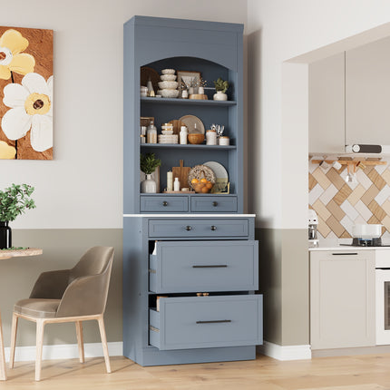 TOPMAX Modern 83.7inch High Kitchen Pantry, Freestanding Tall Kitchen Hutch with Faux Marble Top, Display Cupboard Cabinet with 5 Storage Drawers and Adjustable Shelf, Gray