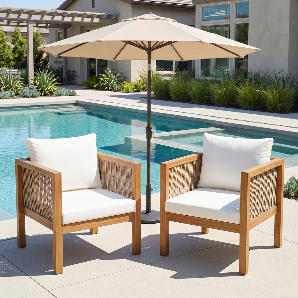 2 Piece Outdoor Armchair Set Patio Accent Chairs Acacia Wood Patio Armchairs with Cushion for Garden, Backyard, Balcony, Poolside, Beige Cushion +Natural Wood