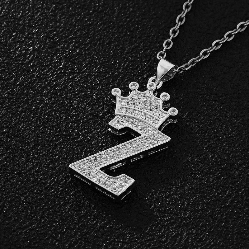 Unisex Copper Inlaid Zircon Crown English Letter Pendant Necklace