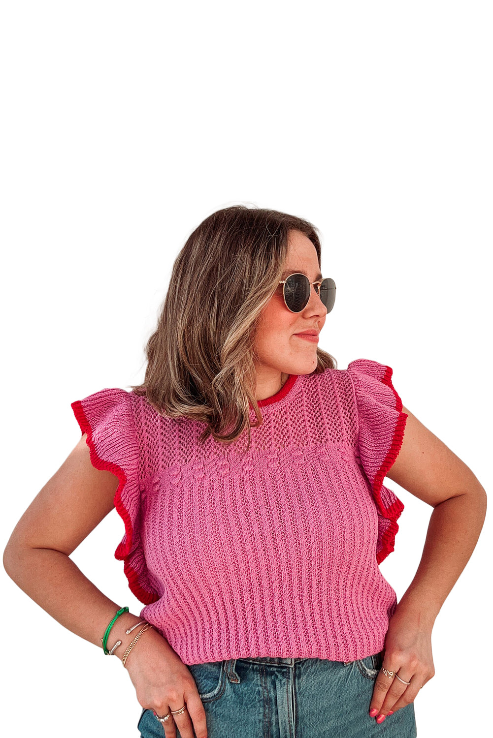 Rose Red Ruffle Contrast Trim Plus Size Knitted Top - Eloy Royal