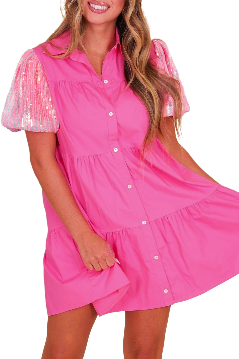 Bonbon Sequins Bubble Sleeve Tiered Mini Shirt Dress - Eloy Royal