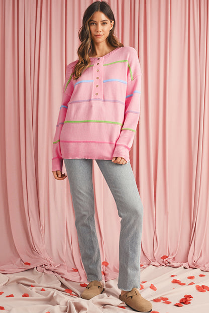 Pink Rainbow Striped Drop Sleeve Henley Sweater