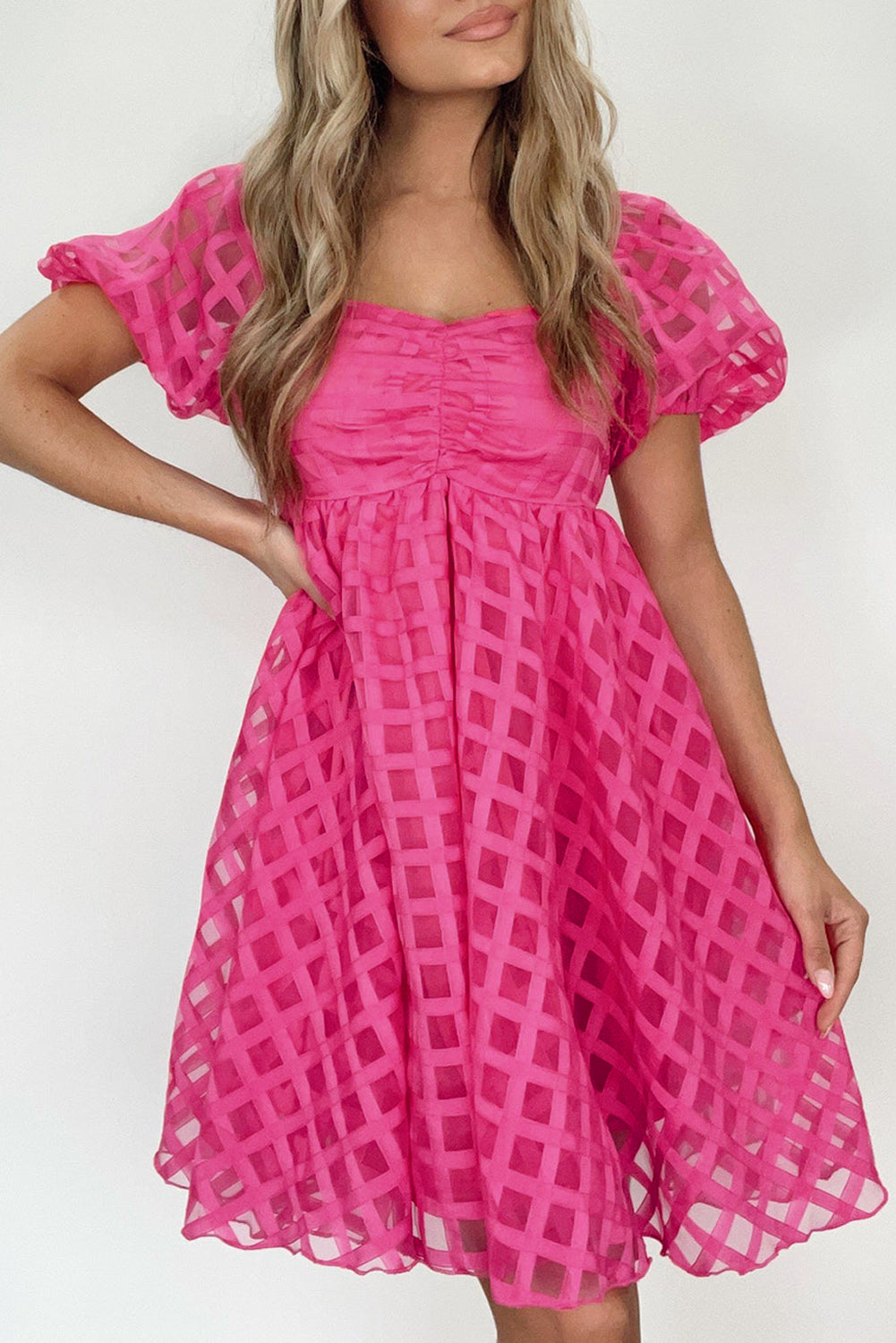 Strawberry Pink Checkered Puff Sleeve Babydoll Dress - Eloy Royal