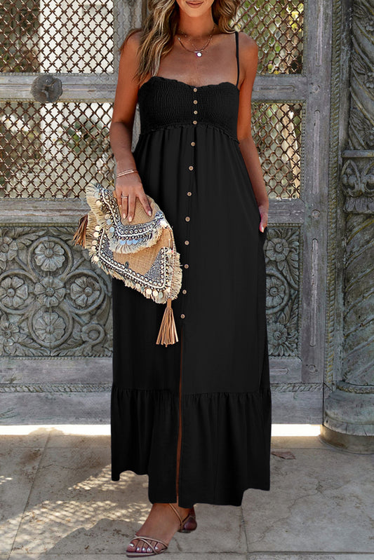 Black Smocked Button Pocketed Spaghetti Strap Maxi Dress - Eloy Royal