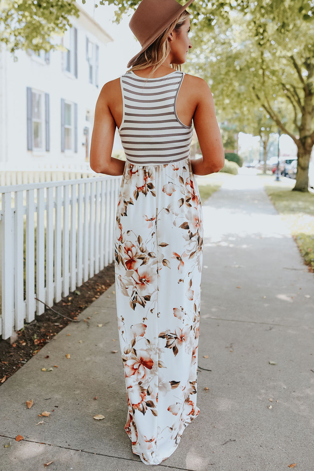 White Boho Stripes & Floral Print Floor Length Tank Dress - Eloy Royal