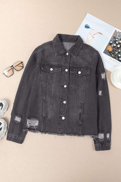 Black Casual Distressed Raw Hem Buttons Denim Jacket