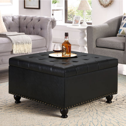 Large square storage ottoman with wooden legs with Upholstered button tufted coffee