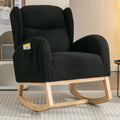049-Teddy Fabric Leisure Rocking Chair With Wing back, Nursery Rocking Chair With Larger Seat,Thickened Headrest And High Backrest, Storage Pocket On The Right Side,The Base Rocker Is Solid Wood,Black