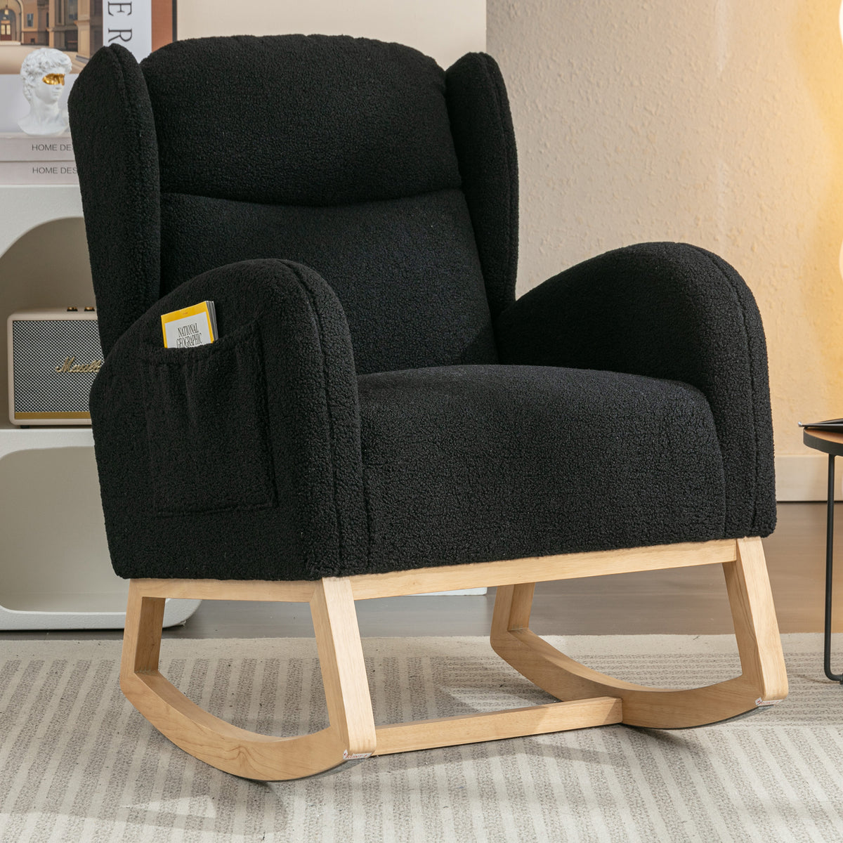 049-Teddy Fabric Leisure Rocking Chair With Wing back, Nursery Rocking Chair With Larger Seat,Thickened Headrest And High Backrest, Storage Pocket On The Right Side,The Base Rocker Is Solid Wood,Black