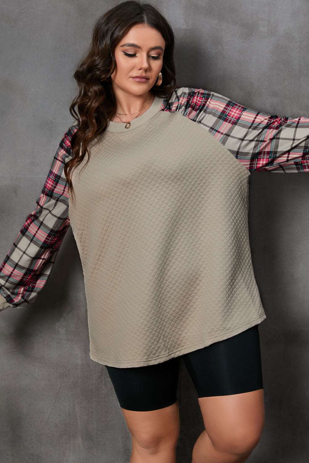 Apricot Plus Size Plaid Raglan Sleeve Crew Neck Sweatshirt