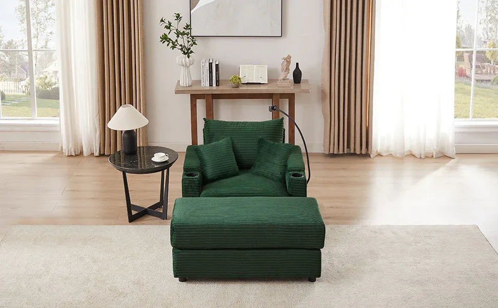 Modern Style Single Sofa Couch with Storage, USB Ports, Cup Holders, Green Corduroy - Eloy Royal