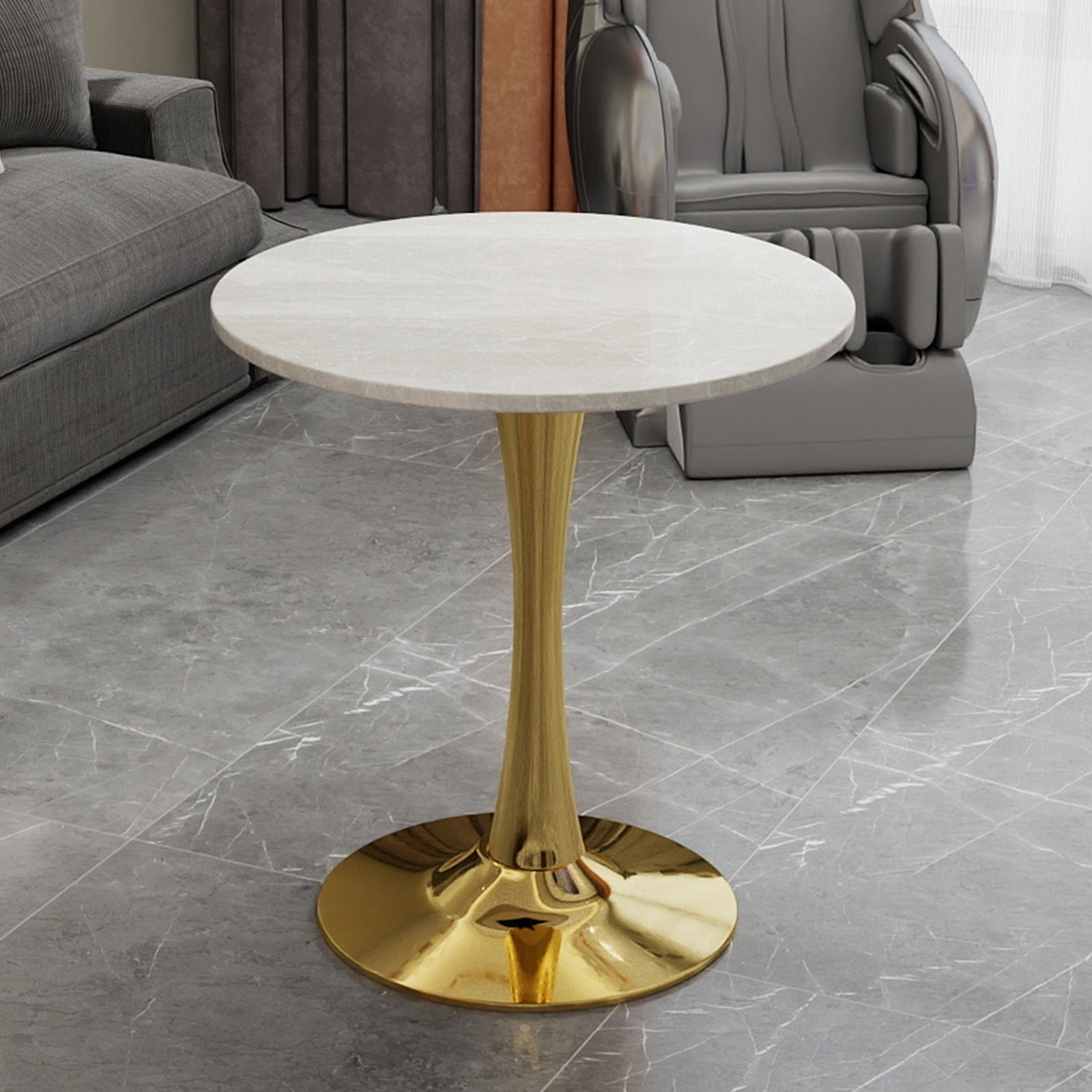 27.6-inch gold coffee table, mid-century modern style dining table, accommodates 2-4 people, featuring a round white-veined marble tabletop, suitable for various settings.