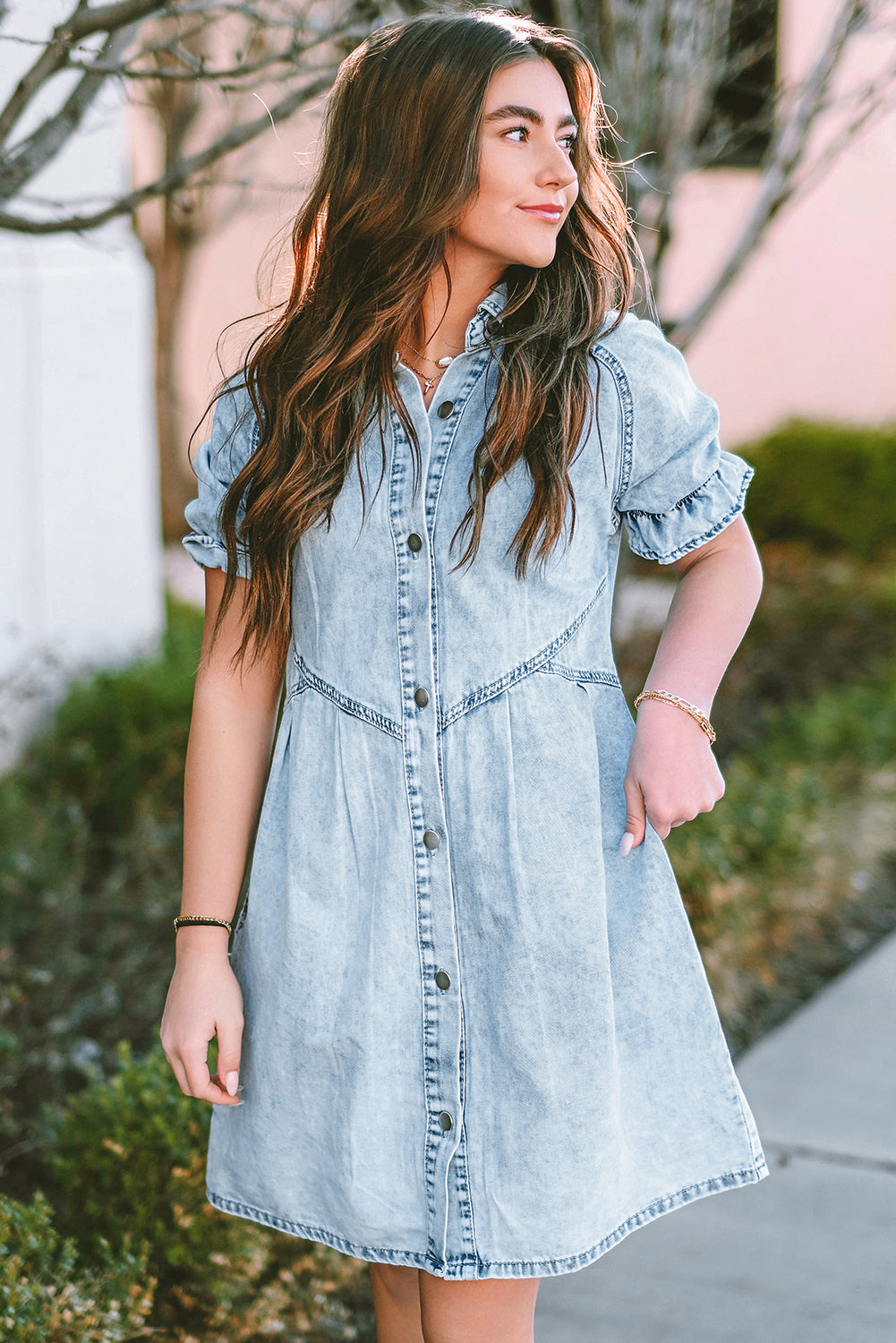 Blue Mineral Washed Ruffled Short Sleeve Pocketed Denim Dress - Eloy Royal