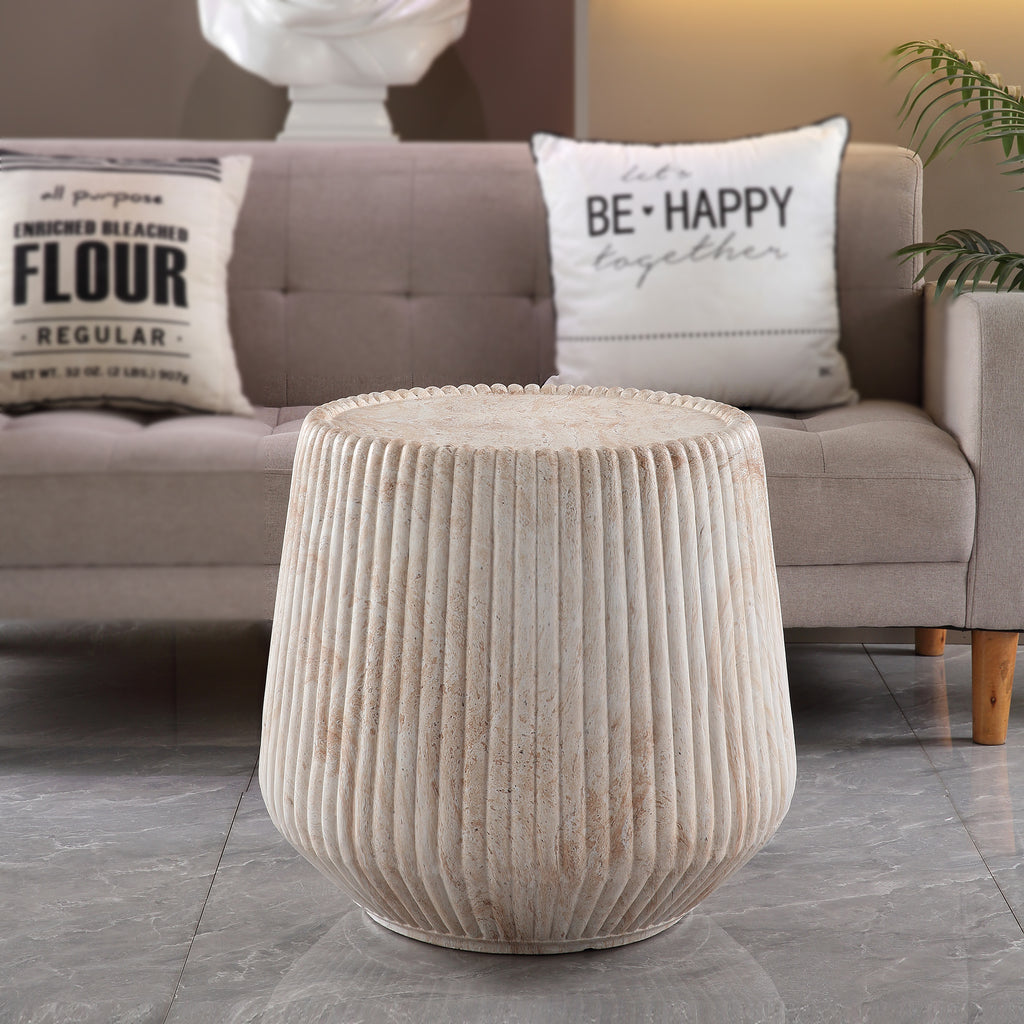 Fluted Drum‑Shaped Accent Coffee Table, MgO Faux Travertine Round Coffee Table, Indoor & Outdoor Decorative Table for Living Room Patio Yard, Top Dia 16.54' x Bottom Dia 19.69' x H 19.69'