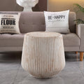 Fluted Drum‑Shaped Accent Coffee Table, MgO Faux Travertine Round Coffee Table, Indoor & Outdoor Decorative Table for Living Room Patio Yard, Top Dia 16.54' x Bottom Dia 19.69' x H 19.69'