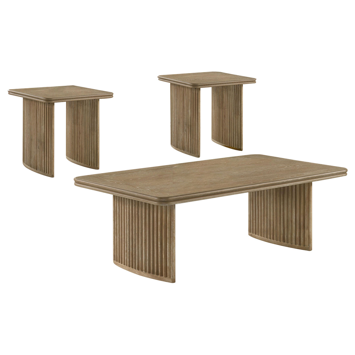 Dreydon Distressed Light Brown 3-Piece Coffee Table Set with Sculptural Curved Bases in Ash Veneer and MDF, 47' W x 26.75' D