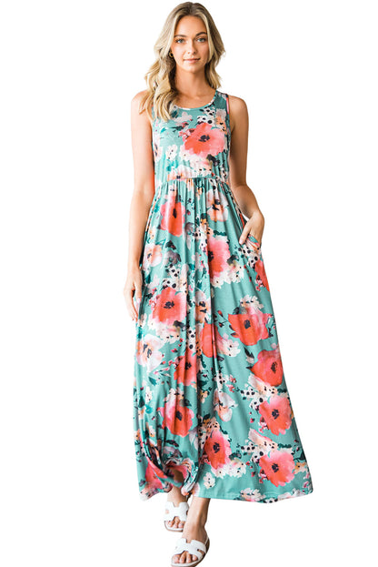 Green Floral Print Sleeveless Maxi Summer Tank Dress - Eloy Royal