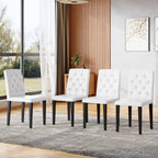 4-pack white PU dining chairs: ergonomic buckle backrest, 35 inches high, black metal legs,Combines Comfort and Texture.Perfectly suitable for family dining rooms, hotel banquet halls,etc.