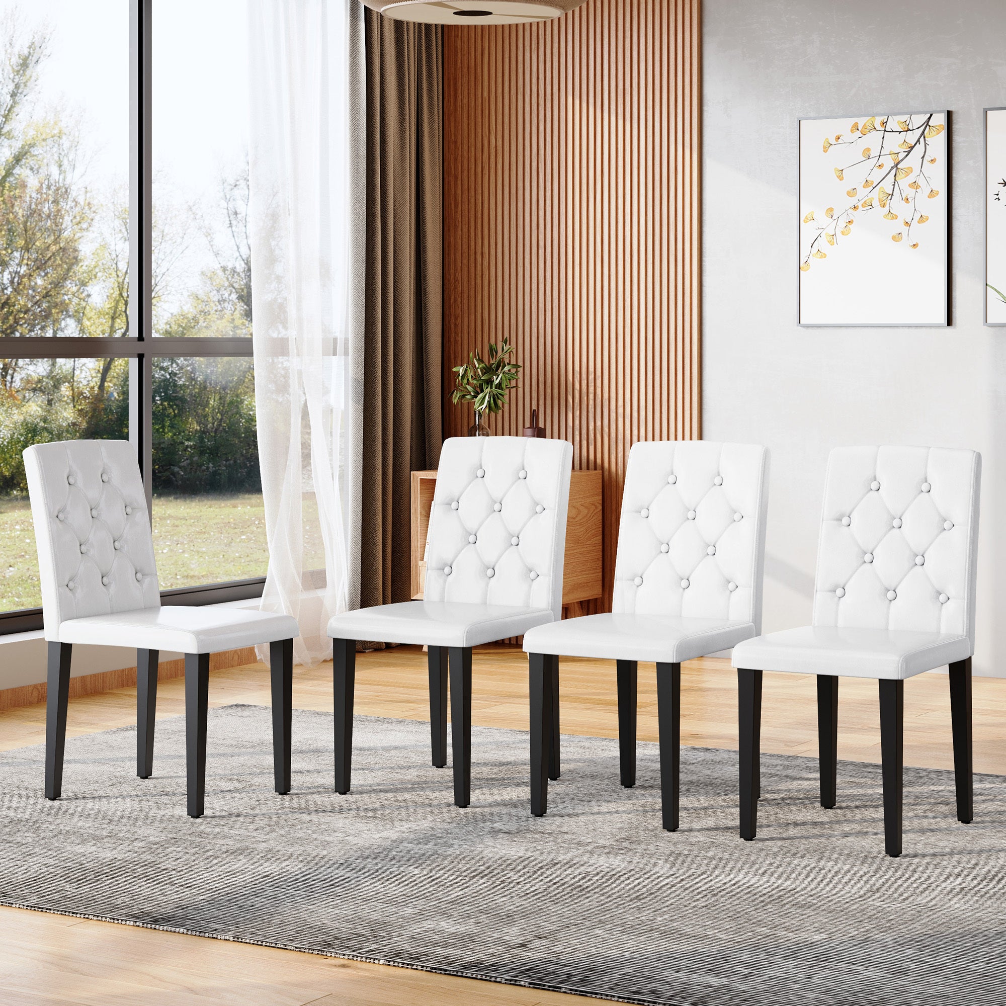 4-pack white PU dining chairs: ergonomic buckle backrest, 35 inches high, black metal legs,Combines Comfort and Texture.Perfectly suitable for family dining rooms, hotel banquet halls,etc.