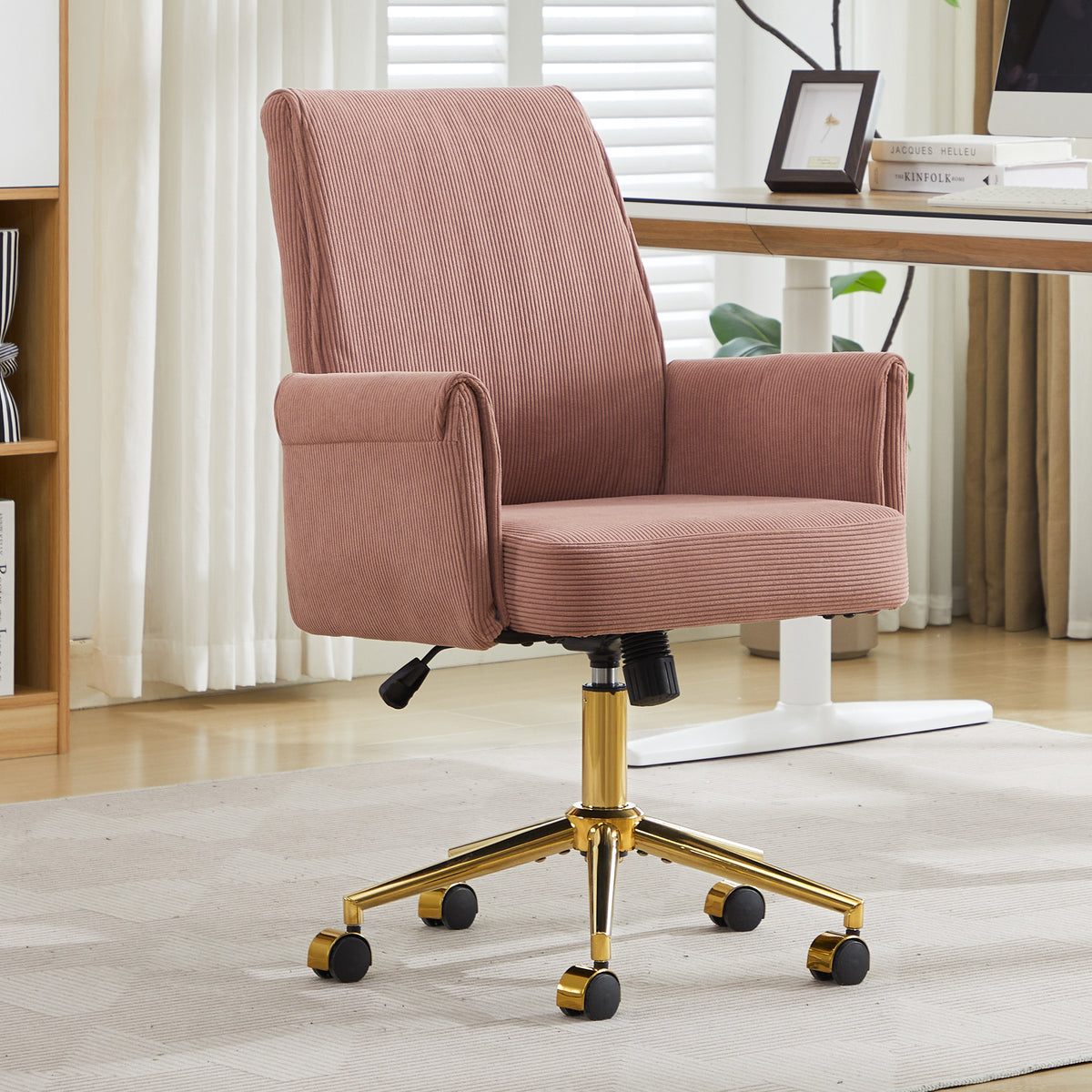 Ergonomic Mid-Back Office Chair with Striped Fabric, Light Pink Corduroy, Gold Base, 25.20L x 24.02W x 39.00H inches