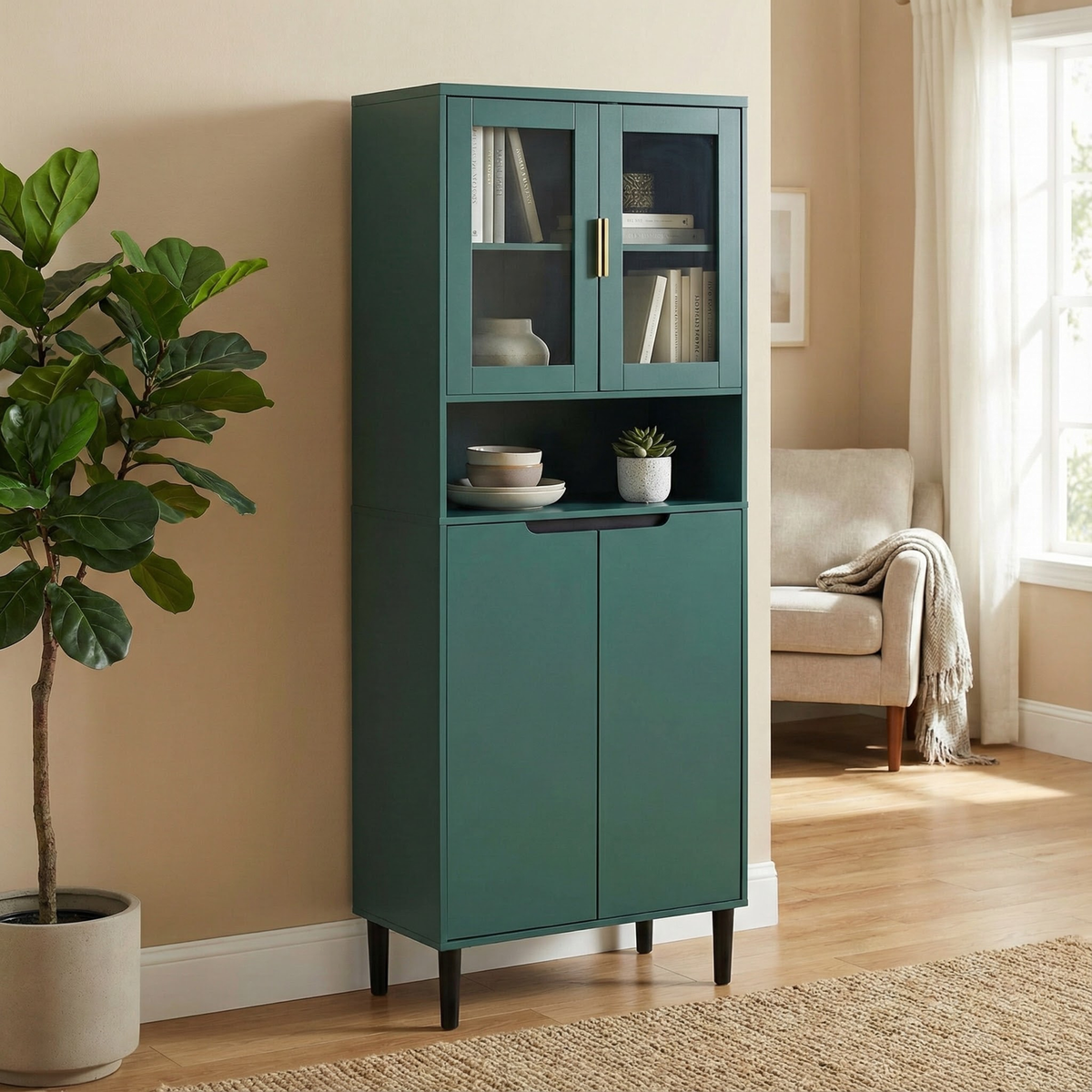 Tempered Glass Door Tall Storage Bookcase with adjustable board, 4 doors MDF painting finished cabinet, Green, Living room Bedroom storage
