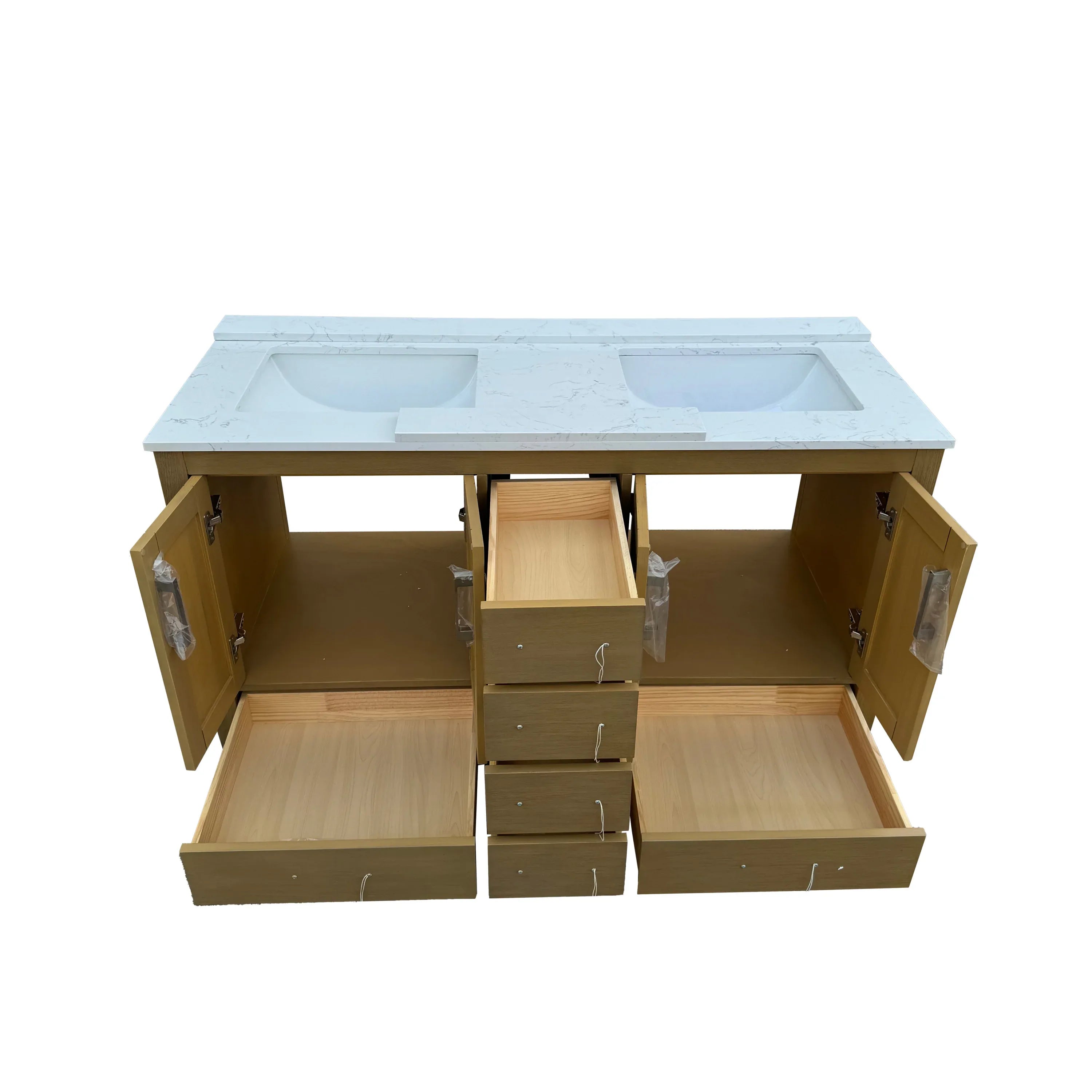 55' Bathroom Vanity with double basins Sink & Faucet Hole, Bathroom Storage Vanity Sink Cabinet with 4 Doors ＆ 6 Drawers in Oak - Eloy Royal