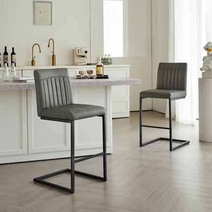 Gray Faux Leather Bar Stool with Vertical Tufted Backrest - Sturdy Black