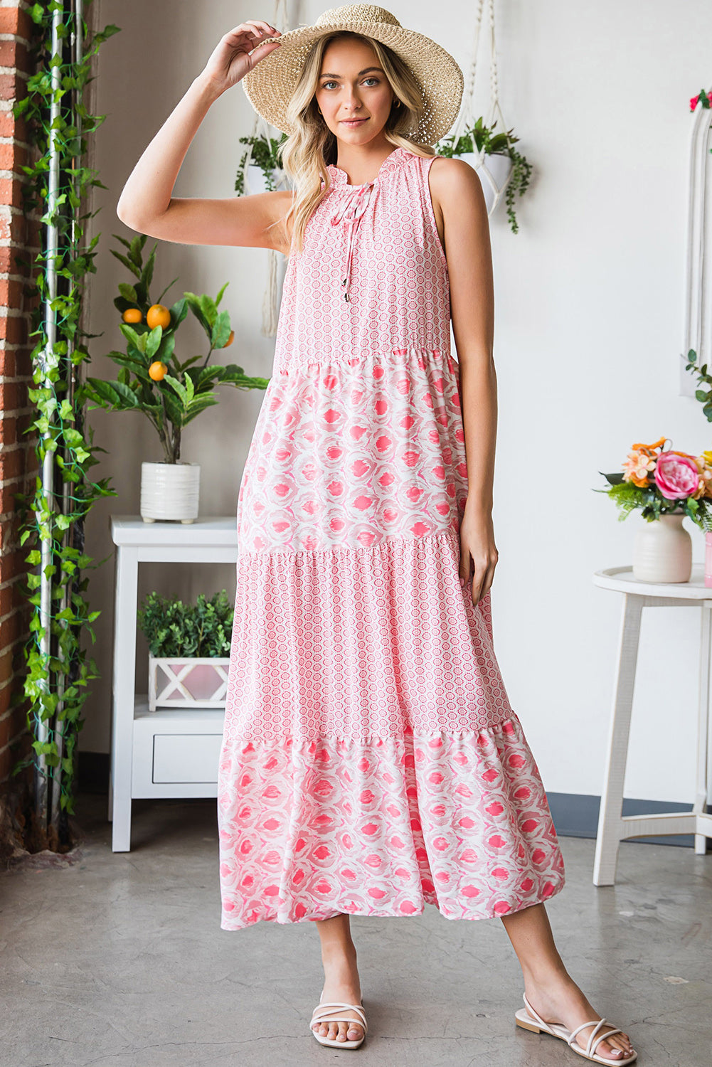 Pink Abstract Print Patchwork Sleeveless V Neck Tiered Dress - Eloy Royal