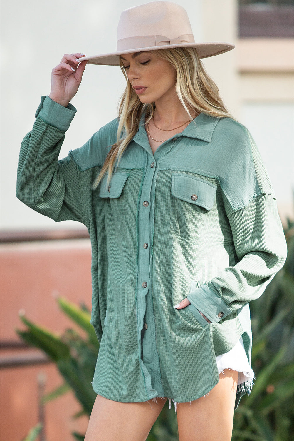 Green Mix Textured Stitching Flap Pocket Tunic Shacket - Eloy Royal