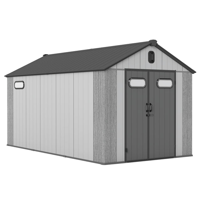 8x16Ft Resin Outdoor Storage Shed, Plastic Garden Shed with Carpet, Outside Weatherproof Storage Building for Tools, Bike, Lawn Mower, Patio, Backyard