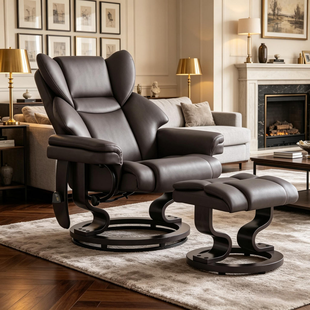 10‑Point Massage Recliner Armchair, Faux Leather Upholstery, Swivel Design, Wrapped Wood Base & Extendable Footrest