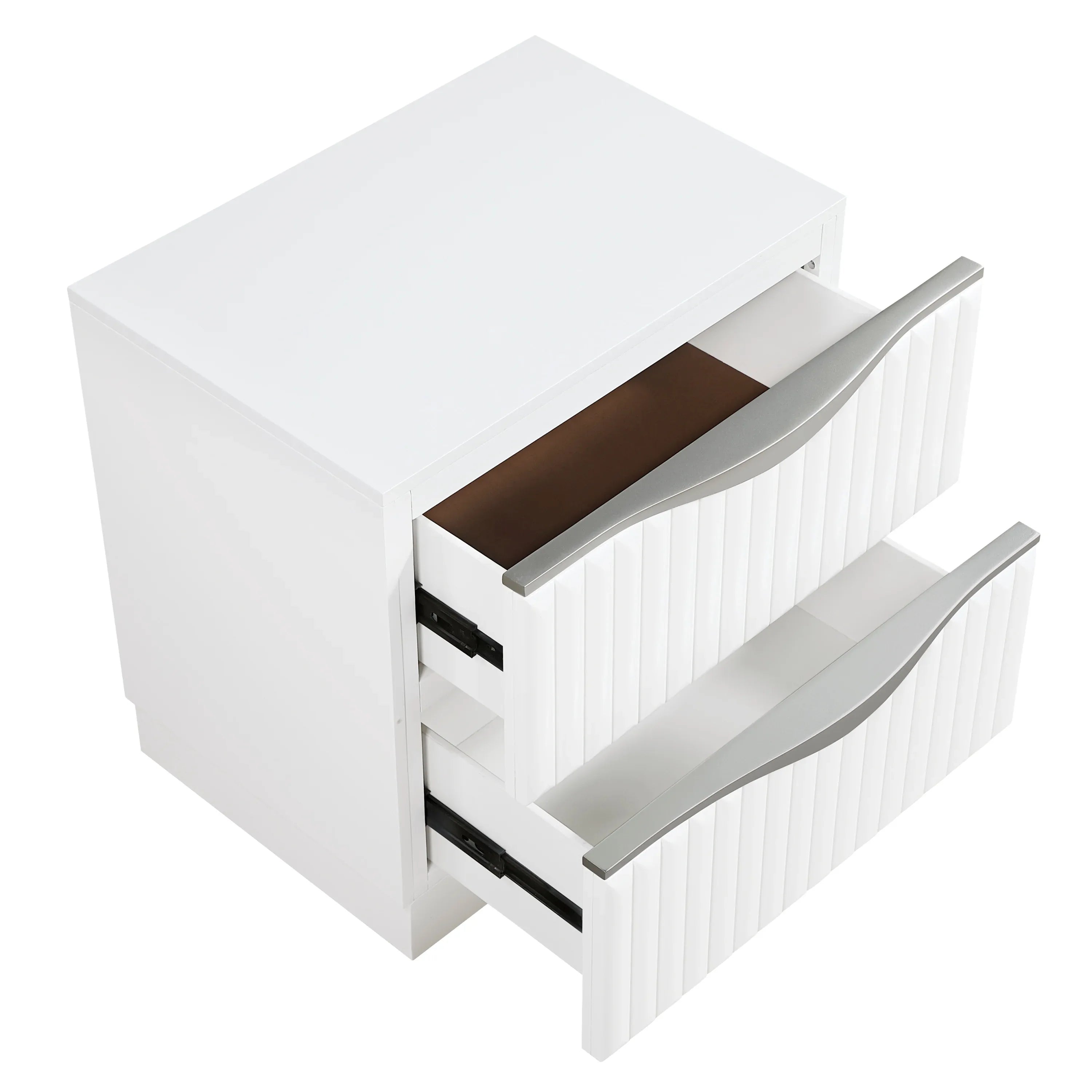 Luxurious Pearl White Finish Nightstand of Two Drawers Textured Panel Sleek Handles Glam Bedroom Furniture 1pc Bedside Cabinet - Eloy Royal