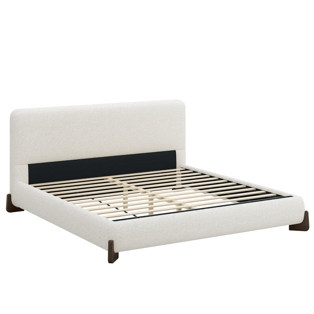 Elegant White Boucle Upholstered King Bed with Dark Brown Solid Wood Legs, Luxurious Bedroom Centerpiece