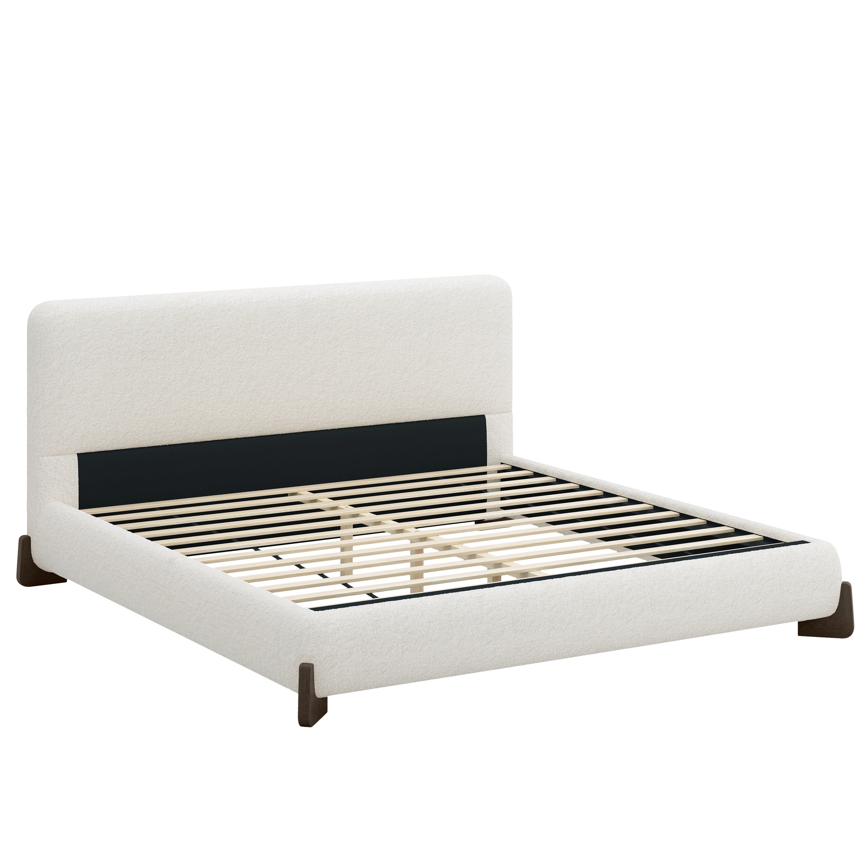 Elegant White Boucle Upholstered King Bed with Dark Brown Solid Wood Legs, Luxurious Bedroom Centerpiece