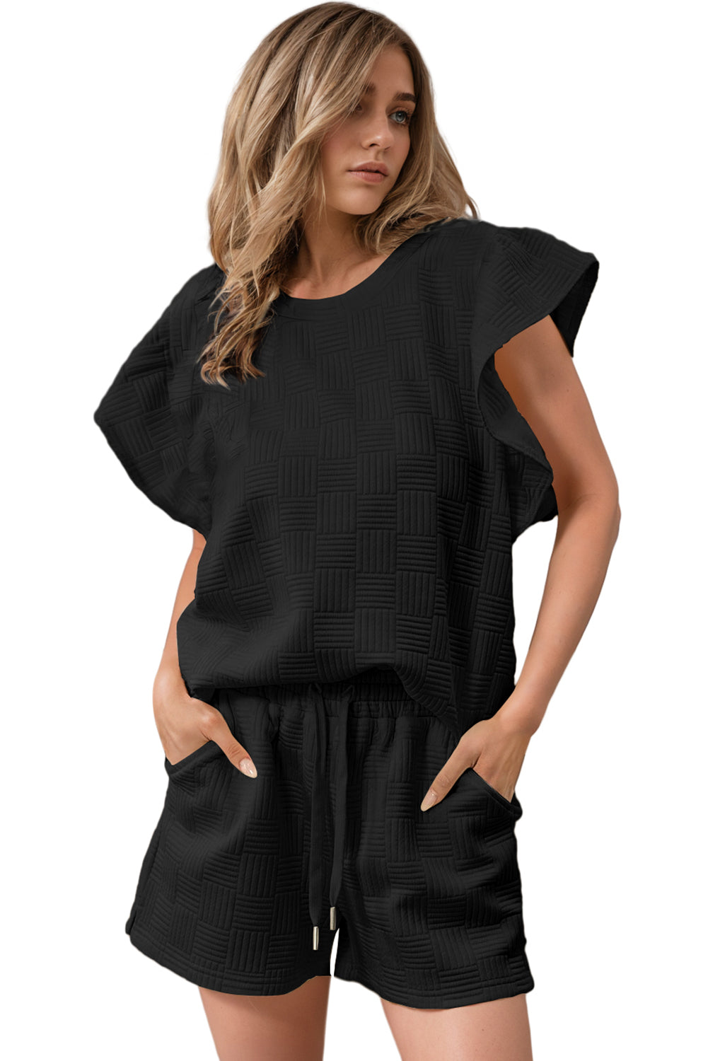 Black Textured Ruffle Sleeve Tee and Drawstring Shorts Set - Eloy Royal